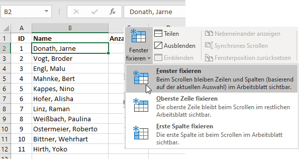 Excel: Fenster fixieren